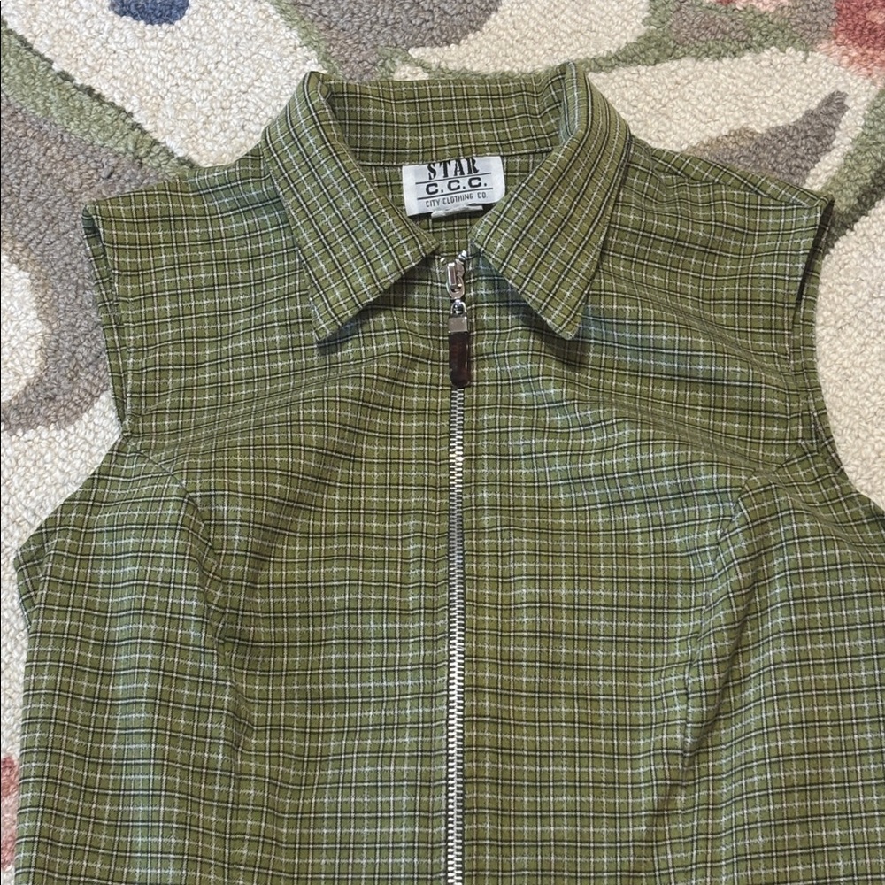 Star C.C.C. Vintage Green Plaid Sleeveless Top blouse, button down, USA, Medium - Picture 2 of 8
